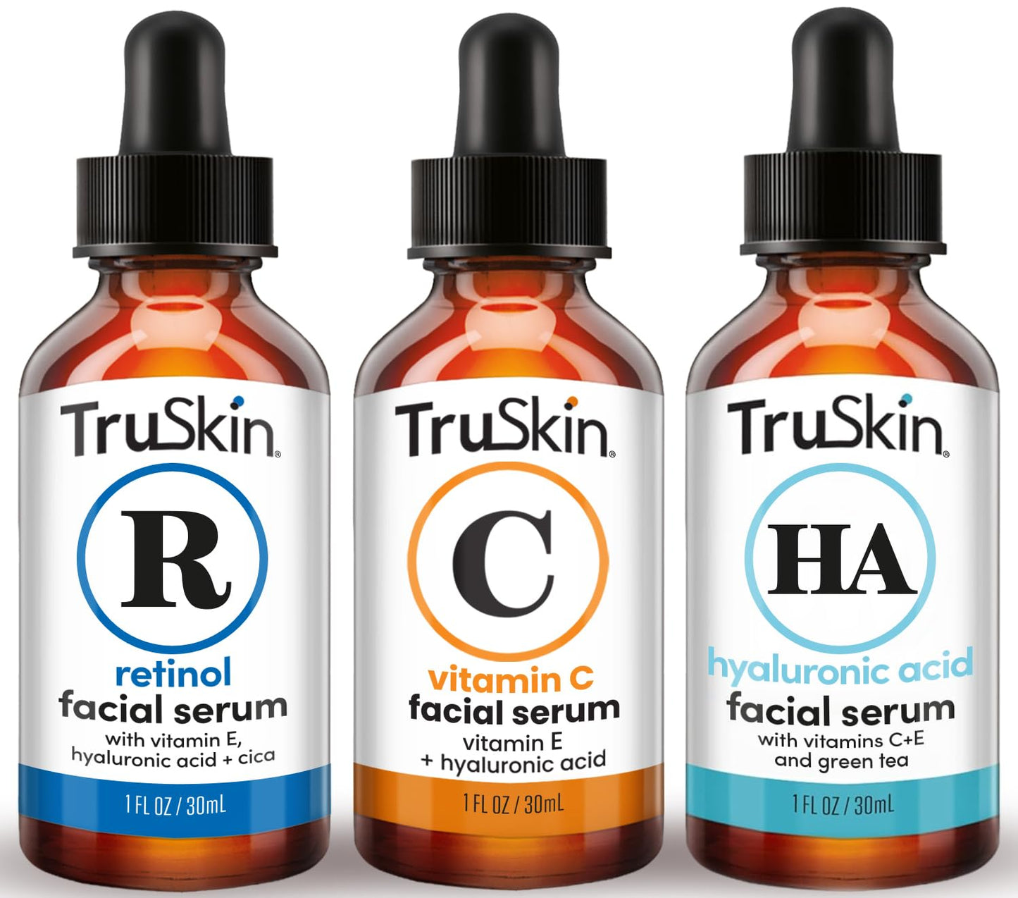 TruSkin Face Serum Trio - Vitamin C, Retinol & Hyaluronic Acid Anti-Aging Serums for Face - AM, PM & All-Day Skincare Routine - Brightening, Smoothing & Hydrating Facial Serums, 1 fl oz Each
