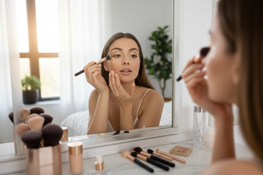 Woman applying champagne gold glitter eyeshadow in morning light - quick 10-minute eye makeup tutorial for busy mornings