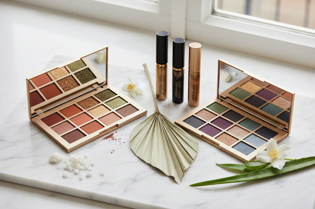 Close-up of vegan mineral eyeshadow swatches showing vibrant color payoff and blendability on skin with natural pigments
