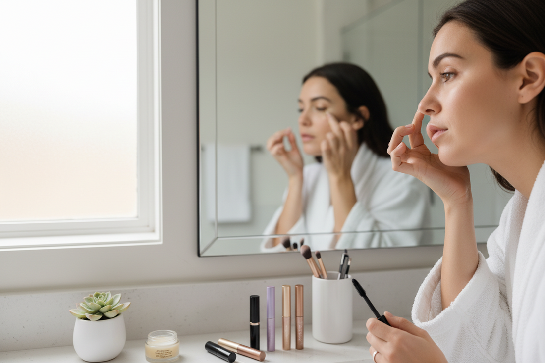 Woman applying cream eyeshadow stick for quick 5-minute makeup routine, demonstrating easy morning beauty look with duochrome shimmer eyeshadow