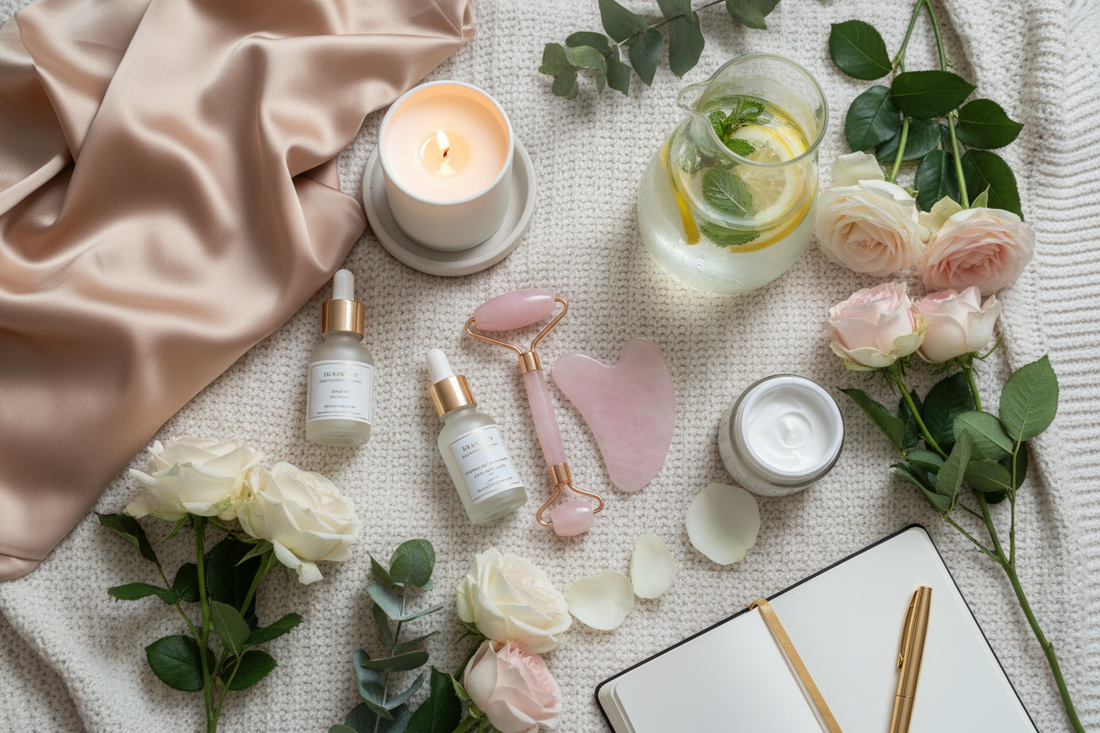 A serene self-care flat lay featuring a silk pillowcase, lit candle, face roller, lemon water, fresh flowers, and skincare products on a soft neutral background.