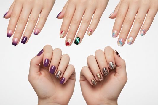 Five advanced gel nail art techniques displayed on manicured hands including ombré gradient, encapsulated floral design, cat eye magnetic effect, reverse stamping patterns, and blooming gel watercolor nails on white background