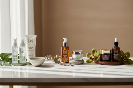 Age-appropriate skincare products and routines for women in their 20s, 30s, and 40s displayed on marble surface