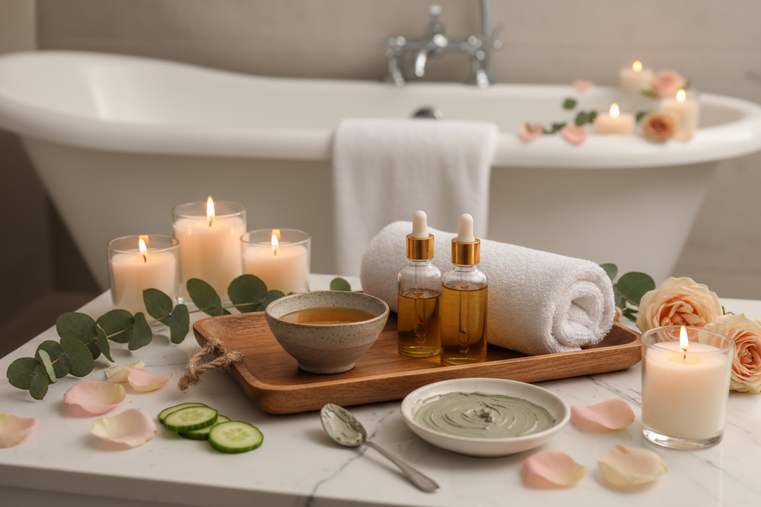 Luxurious at-home spa setup with lit candles, essential oils, natural DIY skincare ingredients including cucumber slices, honey, and clay face mask on a clean bathroom counter with soft ambient lighting
