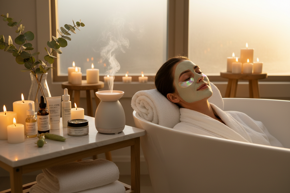 Relaxing at-home spa night setup with hydrogel under eye patches, face masks, aromatic candles, essential oils, and luxury skincare products arranged on bathroom counter for self-care wellness routine