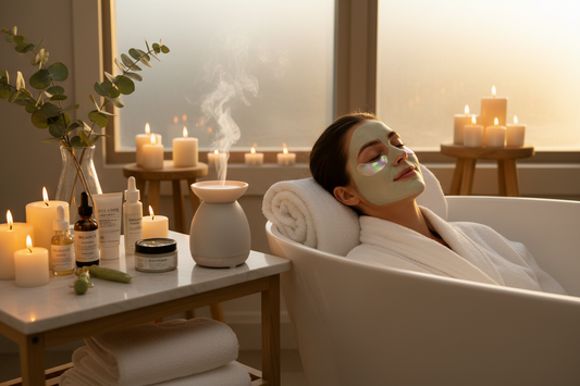 Relaxing at-home spa night setup with hydrogel under eye patches, face masks, aromatic candles, essential oils, and luxury skincare products arranged on bathroom counter for self-care wellness routine