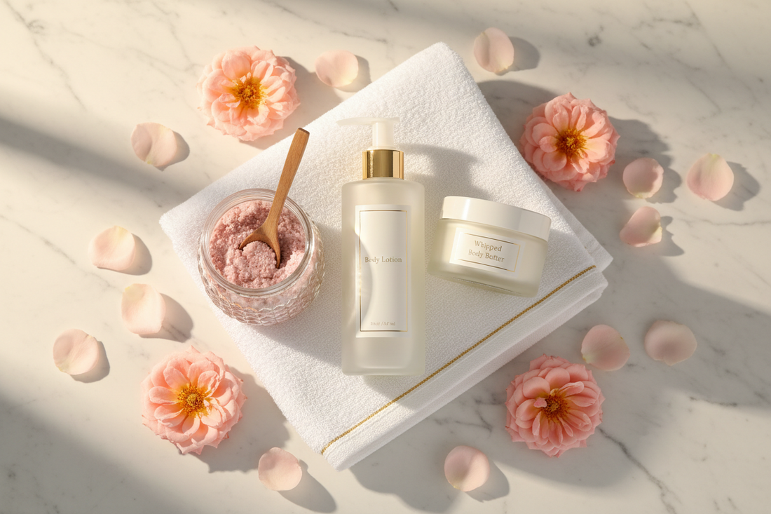 A luxurious body care flat lay featuring body lotion, body butter, and an exfoliating scrub arranged on a white marble surface with rose petals and warm golden lighting, representing a complete