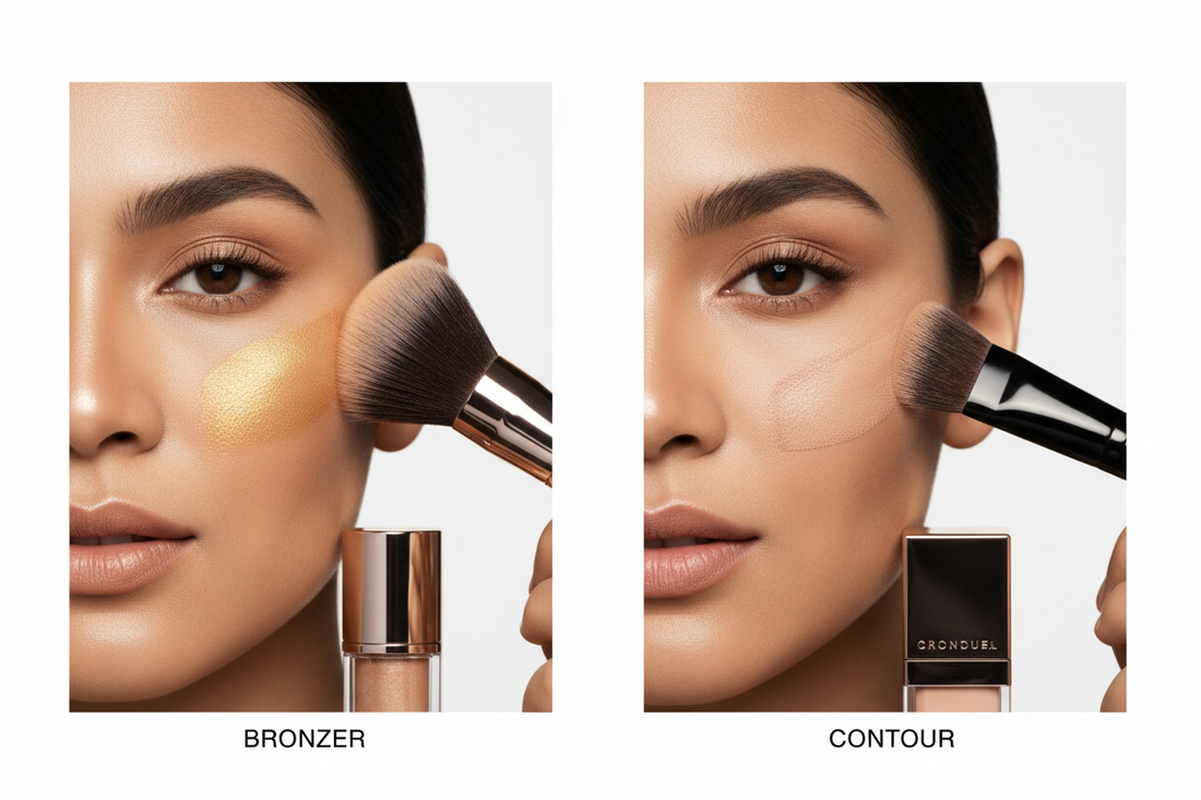 Side by side comparison of bronzer and contour application showing warm golden bronzer on cheekbones versus cool-toned contour in hollow of cheeks with makeup brushes