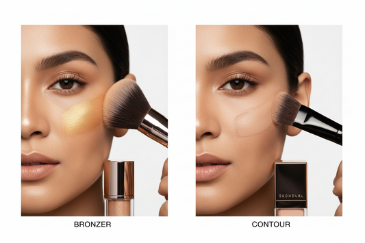 Side by side comparison of bronzer and contour application showing warm golden bronzer on cheekbones versus cool-toned contour in hollow of cheeks with makeup brushes