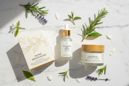 Clean beauty skincare products with natural ingredients including hyaluronic acid serum, caffeine eye patches, aloe vera gel, and botanical extracts displayed with fresh plants and ingredient labels
