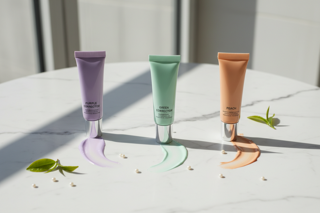 Green, purple, and peach color corrector products displayed on white marble surface