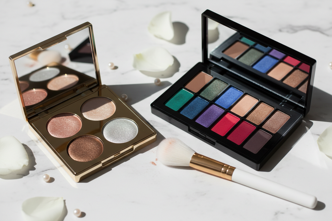 Cream eyeshadow and powder eyeshadow palettes displayed side by side on white marble surface for comparison