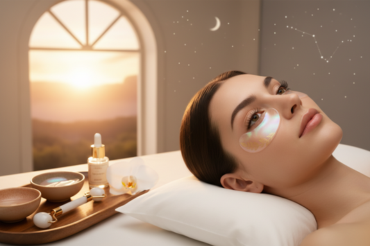 Luxury hydrogel de-puffing eye patches applied under eyes for reducing puffy eyes and dark circles in morning and night skincare routine