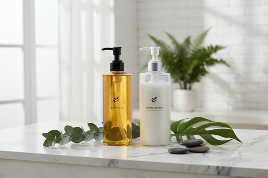 Premium double cleansing skincare routine with oil cleanser and foam cleanser on marble surface