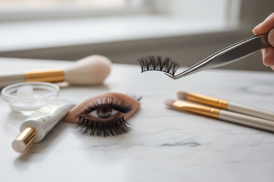 Professional false eyelashes application tutorial with makeup tools and lash strips on marble surface