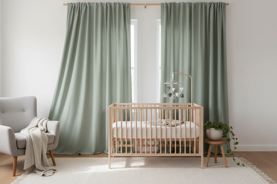 Serene gender-neutral nursery with soft sage green curtains and natural wood furniture