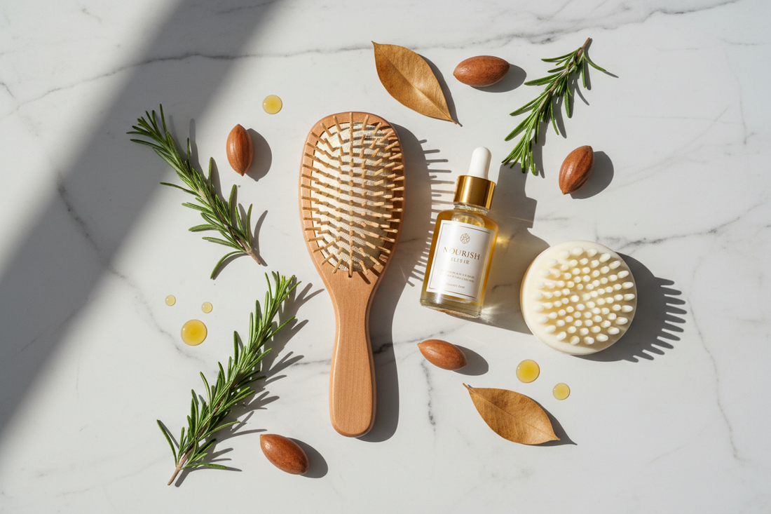 "Flat lay of luxury hair care products including a wooden brush, glass serum bottle, scalp massager, and botanical ingredients like rosemary and argan oil on a marble surface"