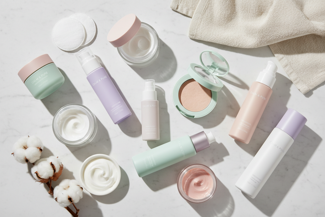 Hypoallergenic beauty products and gentle skincare for sensitive skin arranged on white background with soft natural lighting