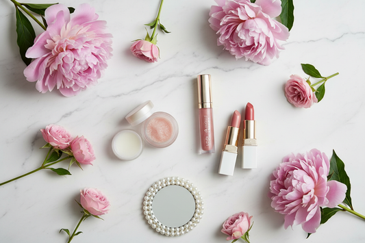 "A beautiful flat lay of lip care and lip makeup products including lip balm, lip scrub, lip gloss, and lipstick in pink and nude shades on a white marble surface with soft pink flowers — Lushé Beauty complete lip care and lip makeup guide."