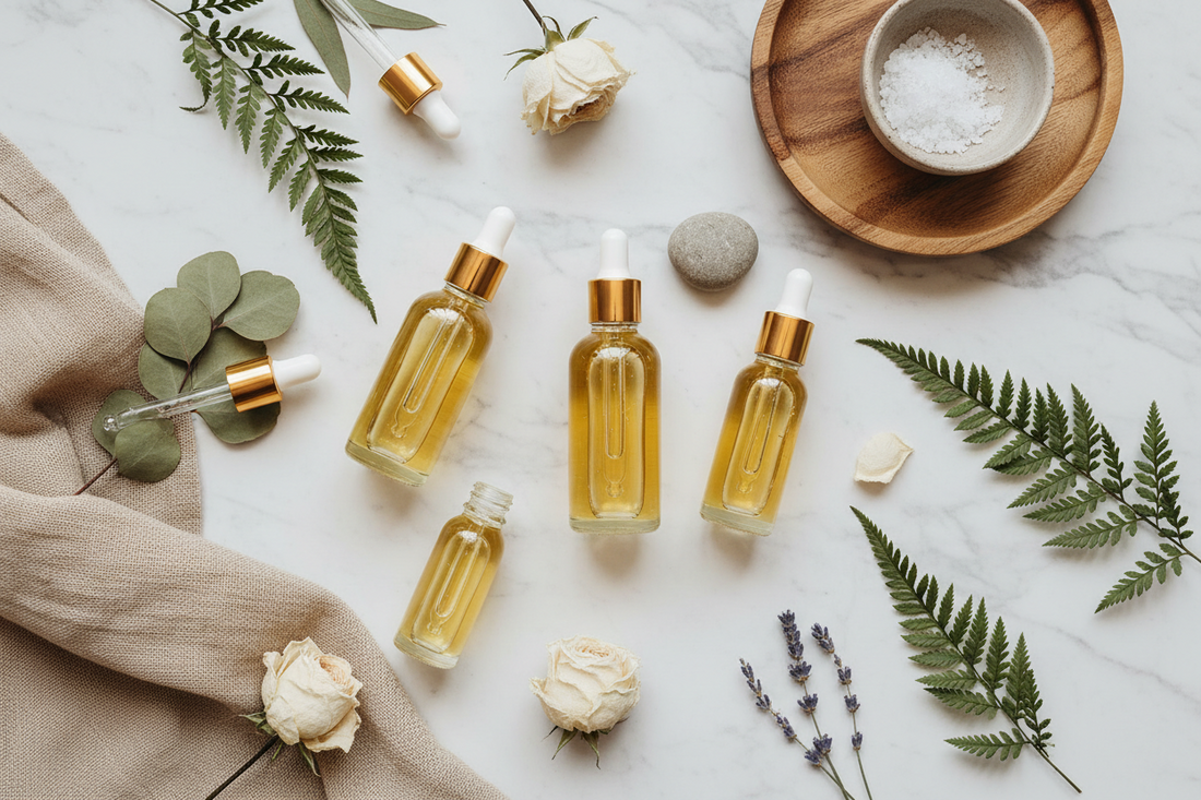Luxury facial oil bottles with natural botanical elements on marble surface