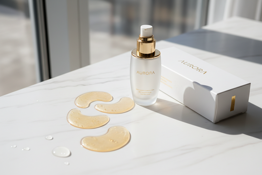 Luxurious golden hydrogel under eye patches glistening with serum on white background, premium skincare product photography
