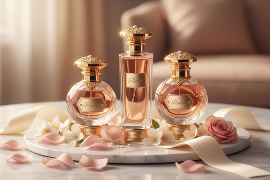 "Luxurious perfume bottles with golden accents arranged on a white marble surface with soft pink rose petals, jasmine flowers, and a silk ribbon, representing a premium fragrance collection"