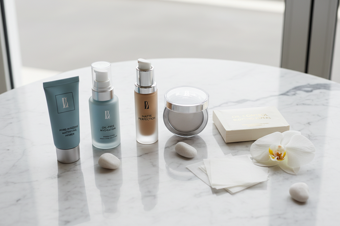  Premium makeup products for oily skin including matte foundation, setting powder, and oil-control essentials