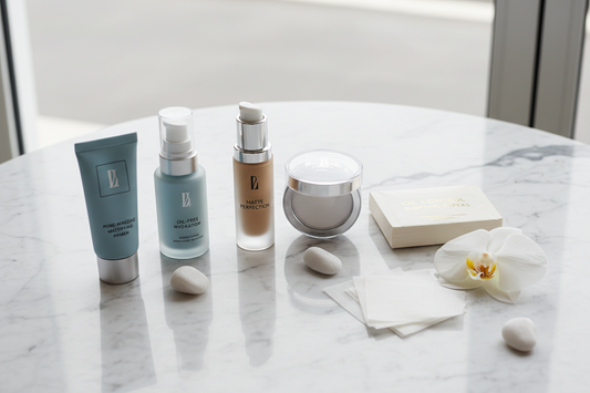  Premium makeup products for oily skin including matte foundation, setting powder, and oil-control essentials