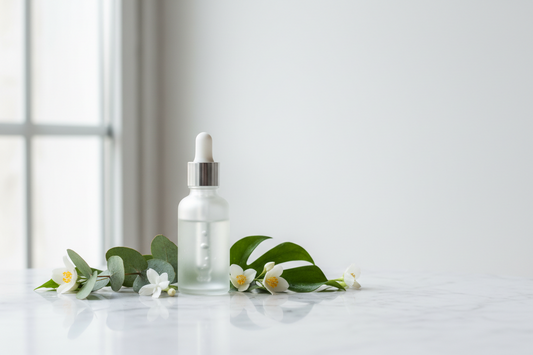  Niacinamide serum bottle on marble surface with botanical elements representing premium skincare benefits and spa-inspired beauty routine