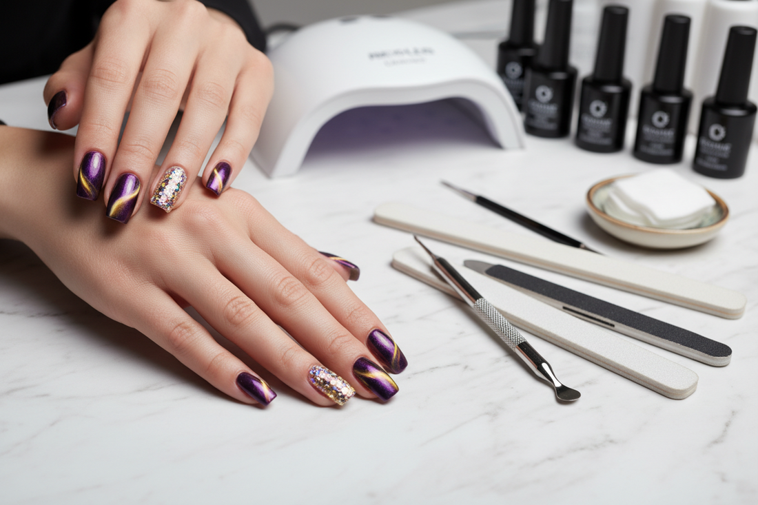 Professional cat eye gel nail polish manicure with magnetic effect, holographic duochrome nails, and glitter gradient nail art displayed on hands with manicure tools and UV LED lamp