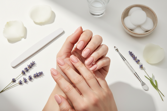 Professional gel nail polish manicure with flawless finish and salon-quality tools on white background