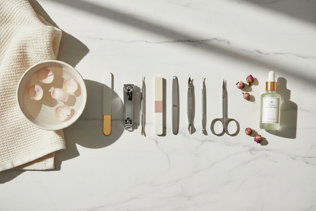 Complete manicure kit with nail clippers, files, cuticle tools, and scissors arranged on white marble surface for at-home nail care
