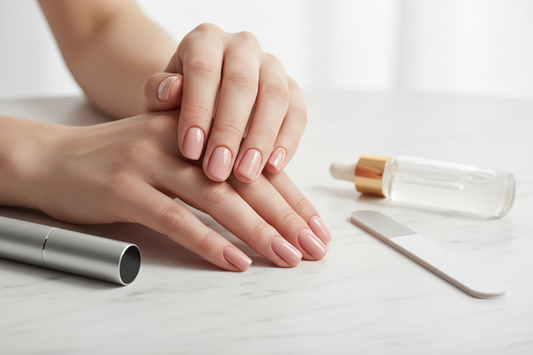 Professional gel manicure with glossy nude pink nail polish on perfectly manicured hands, featuring cuticle oil and nail care tools on white marble surface - demonstrating long-lasting manicure techniques