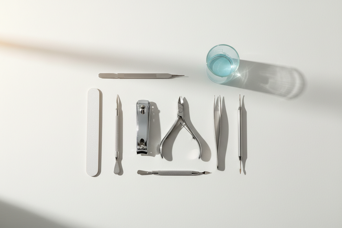 Clean and sanitized manicure tools including nail clippers, cuticle pushers, files, and tweezers arranged on white surface with disinfectant solution
