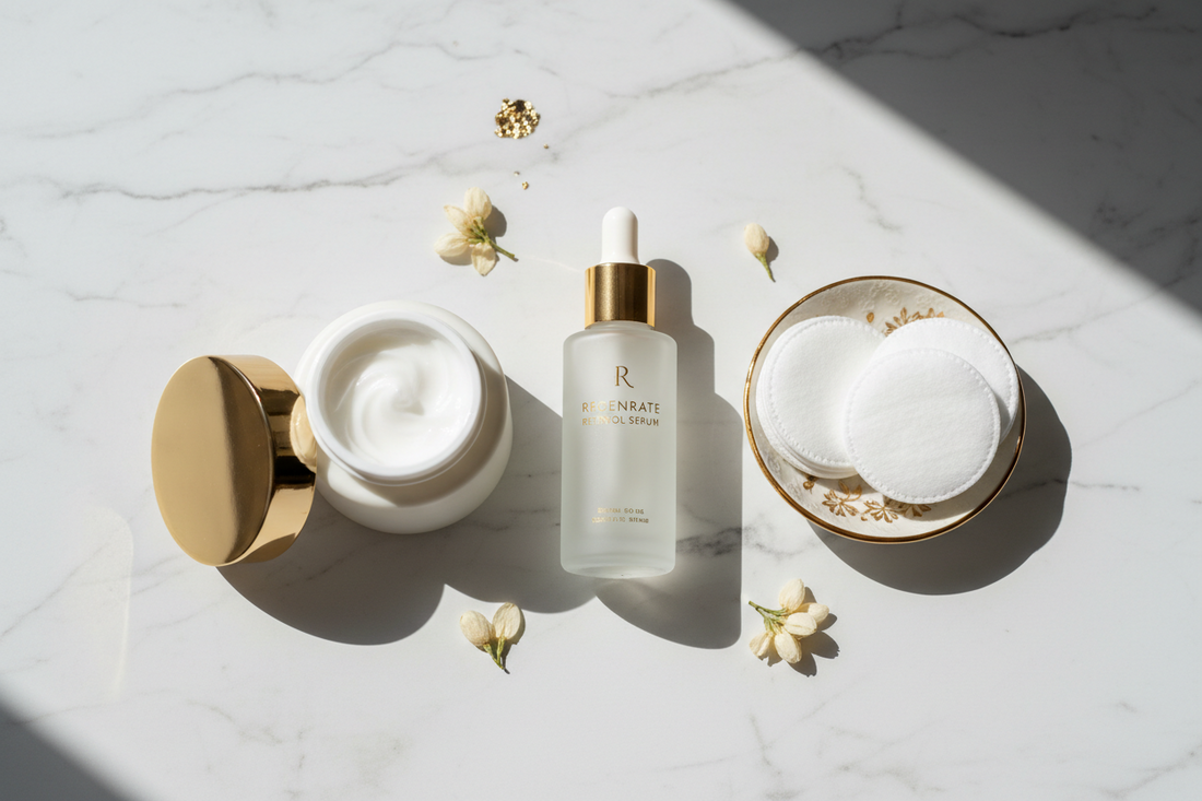 Retinol serum bottle with moisturizer and skincare essentials on white marble surface - beginner's guide to retinol skincare routine