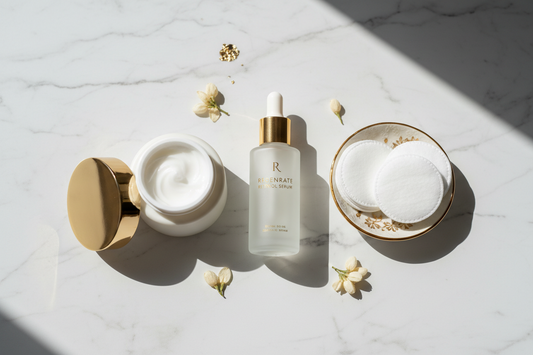 Retinol serum bottle with moisturizer and skincare essentials on white marble surface - beginner's guide to retinol skincare routine
