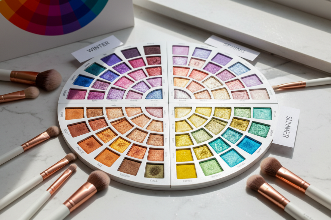 Seasonal makeup color palette display showing winter burgundy and jewel tones, spring pastels, summer corals and bronzes, fall warm spices with duochrome eyeshadow swatches and makeup brushes