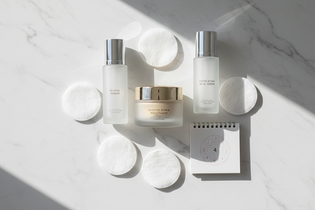 Professional skincare flatlay showing retinol, exfoliating acids, and moisturizers arranged for a dermatologist-approved skin cycling routine