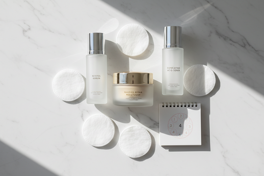 Professional skincare flatlay showing retinol, exfoliating acids, and moisturizers arranged for a dermatologist-approved skin cycling routine