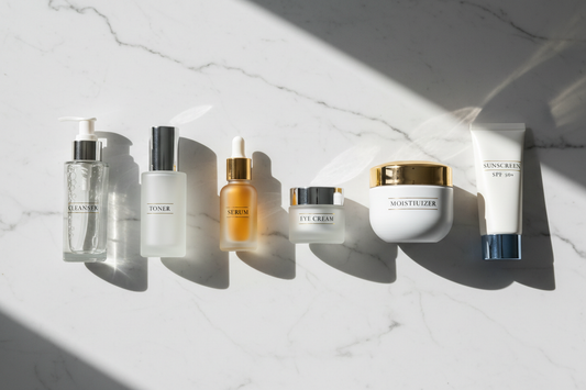 Luxury skincare products arranged in correct layering order on marble surface showing cleanser toner serum moisturizer and sunscreen
