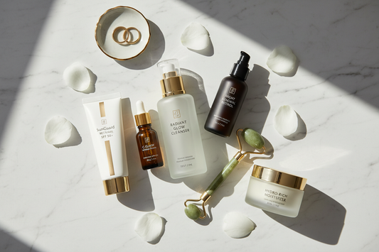 A luxurious skincare flat lay featuring cleanser, vitamin C serum, sunscreen, retinol, and moisturizer arranged on a marble surface with soft natural lighting.