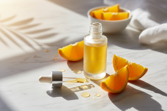Vitamin C serum bottle with fresh orange slices on marble surface in morning sunlight - optimal time for vitamin C skincare application