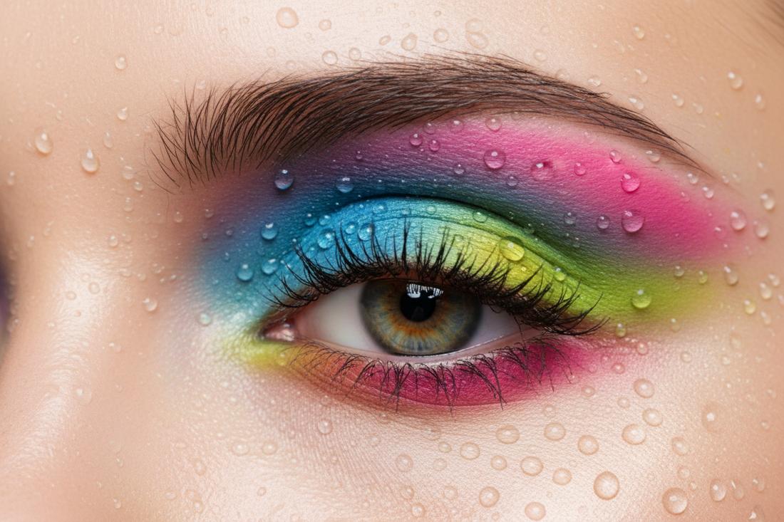 Waterproof eyeshadow water resistance test showing vibrant eye makeup with water droplets demonstrating long-lasting, smudge-proof performance