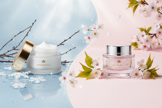 Winter to spring skincare transition concept showing heavy winter cream and lightweight spring gel moisturizer with snowflakes transforming into cherry blossoms on a clean white background