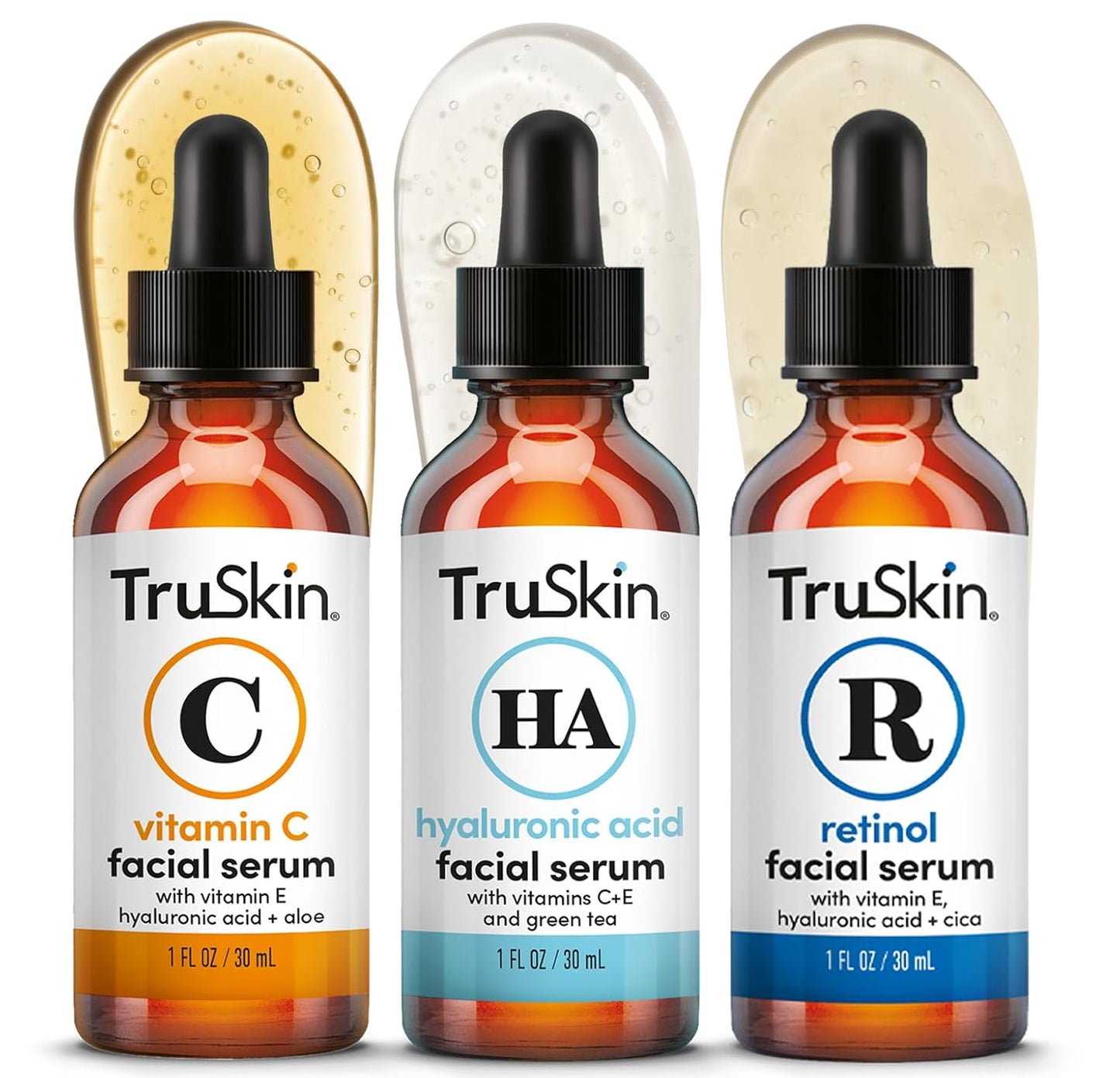 TruSkin Face Serum Trio - Vitamin C, Retinol & Hyaluronic Acid Anti-Aging Serums for Face - AM, PM & All-Day Skincare Routine - Brightening, Smoothing & Hydrating Facial Serums, 1 fl oz Each