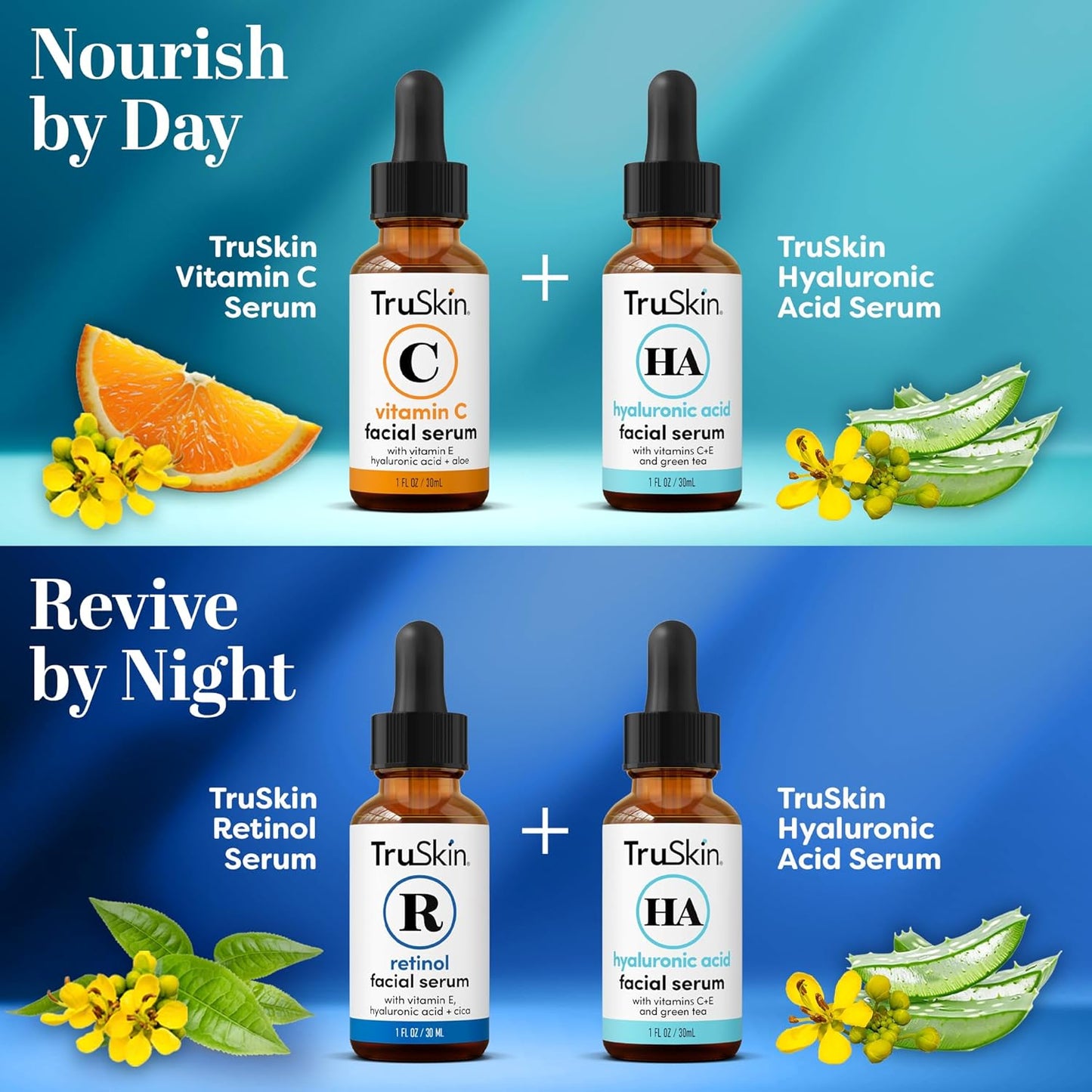 TruSkin Face Serum Trio - Vitamin C, Retinol & Hyaluronic Acid Anti-Aging Serums for Face - AM, PM & All-Day Skincare Routine - Brightening, Smoothing & Hydrating Facial Serums, 1 fl oz Each
